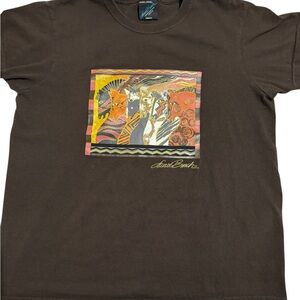 Laurel Burch Tribal Horses Men’s M T-Shirt Vibrant Print Brown Artist Signed VTG